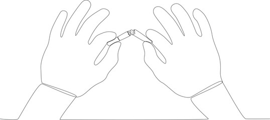 A cigarette is broken with both hands. No tobacco day one line drawing