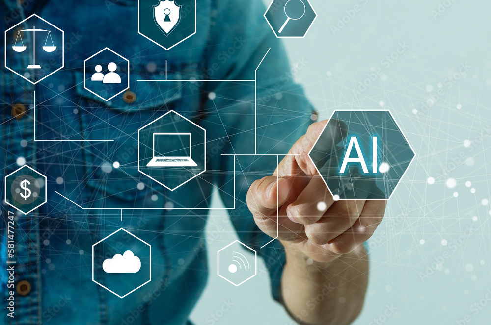 Poster hand touching digital chatbot for provide access to information and data in online network, robot ap