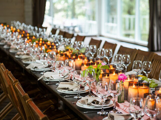 Burning candles and shiny wine glasses on table set for celebration. Banquet for wedding or other event is ready for guests.