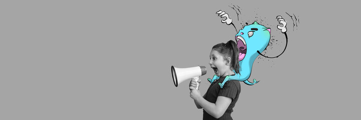 Contemporary art collage. Black and white image of little kid emotionally shouting in megaphone with colorful cartoon style monster. Concept of surrealism, fantasy, childhood, imagination