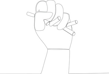 A hand crushes cigarette to maintain health. No tobacco day one line drawing
