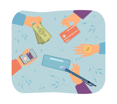 Various Payment Options Vector Illustration. Hands Holding Credit Card, Cash, Phone, Bank Check To Pay For Purchase. Banking, Online Shopping, Digital Wallet, Finance Concept