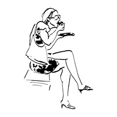 Sketched Person. Hand Drawn Illustration Of A Grown Woman Sitting And Eating Street Food