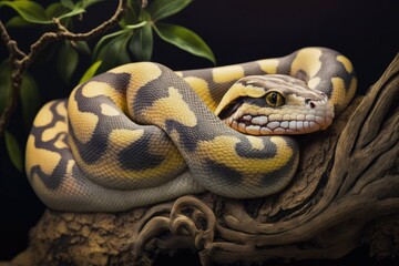 Fototapeta premium a close up of a ball python, a non venomous snake called a python regius, perched on a branch. Generative AI