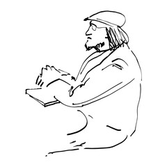 Sketched Person. Hand Drawn Illustration Of A Sitting Old Man With Book