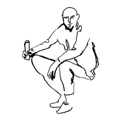 Sketched Person. Hand Drawn Illustration Of A Sitting Bald Man With Street Food