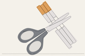 Colored illustration of three cigarettes cut out with scissor. No tobacco day one line drawing