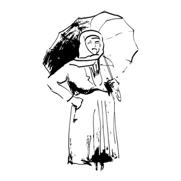Sketched Person. Hand Drawn Illustration Of A Grumpy Old Woman With Umbrella