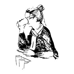 Sketched Person. Hand Drawn Illustration Of A Girl Drinking Coffee