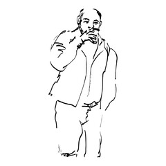 Sketched Person. Hand Drawn Illustration Of A Grown Man Drinking Coffee