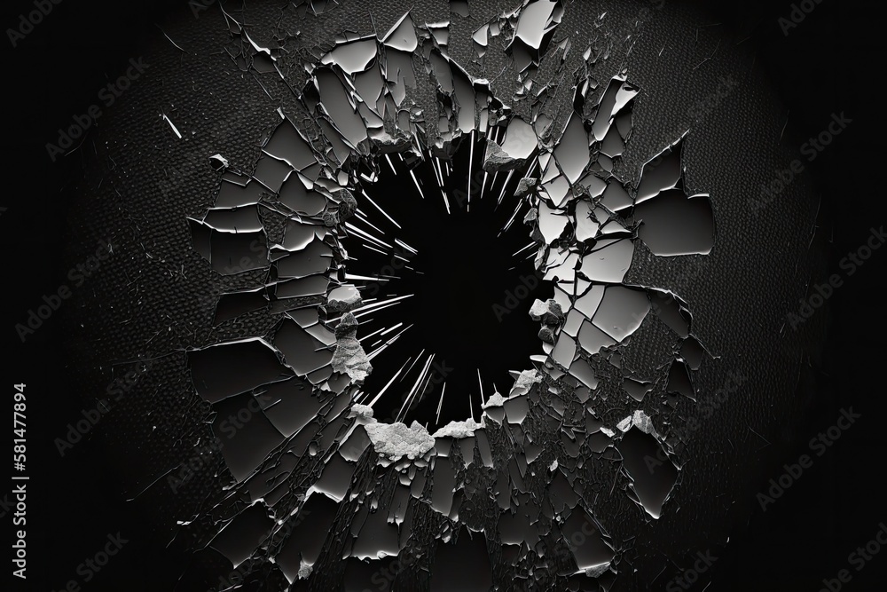 Poster broken fractures texture over an abstract black background with glass fracture effect. large hole in