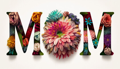 Mother's day - illustration of mom text made with flowers, Generative ai - obrazy, fototapety, plakaty