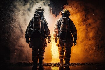 Fototapeta premium Fireman,Firefighter training Firefighters using water and fire extinguishers to fight the flames in emergency situations. in a dangerous situation All firefighters wear firefighter uniforms for safety