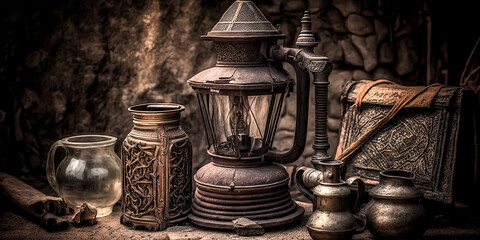 An antique array of items at Al Seef in Dubai is showcased in this HD wallpaper, rustic in its appearance. - generative ai.
