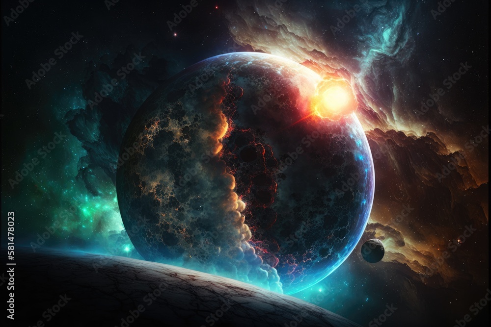 Poster fantasy with planet and dark background with stars. cosmic sky of the stars. abstract background of 