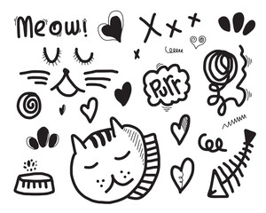 Hand drawn cute cat. Vector illustration of animal with adorable kitten.