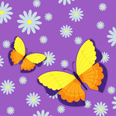 Yellow butterflies vector illustration. Beautiful insects and flowers on purple background. Spring greeting card or poster design. Spring, nature, rebirth, freedom, positivity concept