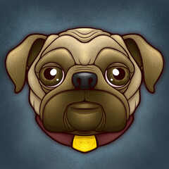 Pug Dog Puppy Head with Big EyesCartoon Illustration