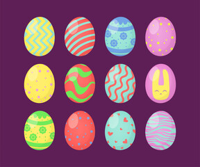 Easter eggs decoration vector illustration set. Colorful yellow, red, blue eggs with different ornaments on purple background. Design ideas. Easter, spring, holiday, celebration concept