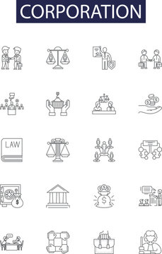 Corporation line vector icons and signs. Corporation, Enterprise, Business, Firm, Inc, Group, Organizational, Holding outline vector illustration set