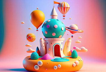 Amusement carnival park with circus tent, merry-go-round carousel and candy cotton booth, balloons and tickets kiosk. Ai generated