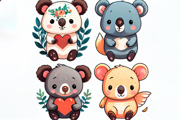 Cute baby bear, four bears isolated illustration for children. Watercolor boho forestdrawing, watercolour, hedgehog image Perfect for nursery posters. Ai generated