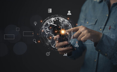 Female investor touching a mobile phone with a finger. Online marketing concept with internet technology. Massive online resources