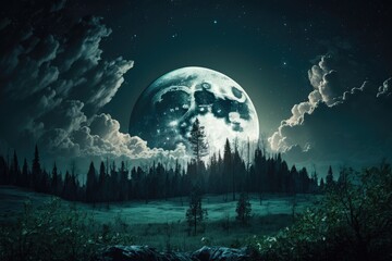 Fototapeta na wymiar Dark night sky and cloudy landscape. Beautiful, full moon over untamed forest region; tranquillity in the backdrop. in the evening outside. NASA DID NOT PROVIDE the moon. Generative AI