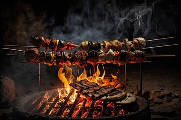 Street food Traditional Skewers of various meats grilled over fire and charcoal. Generative AI