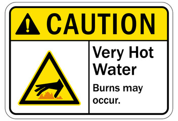 Hot water sign and labels very hot water, burn may occur