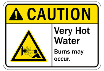 Hot water sign and labels very hot water, burn may occur