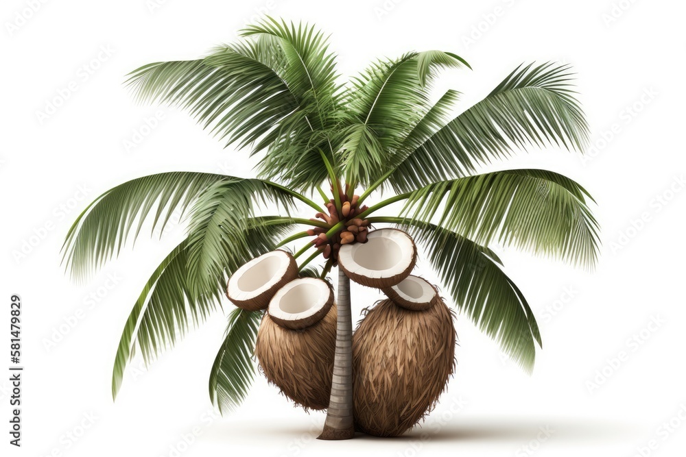 Poster palm tree with coconuts isolated on a white background. generative ai