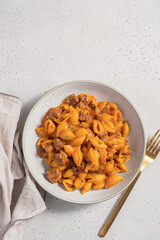 Cheeseburger Pasta with meat, tomato sauce, vegetables and cheese