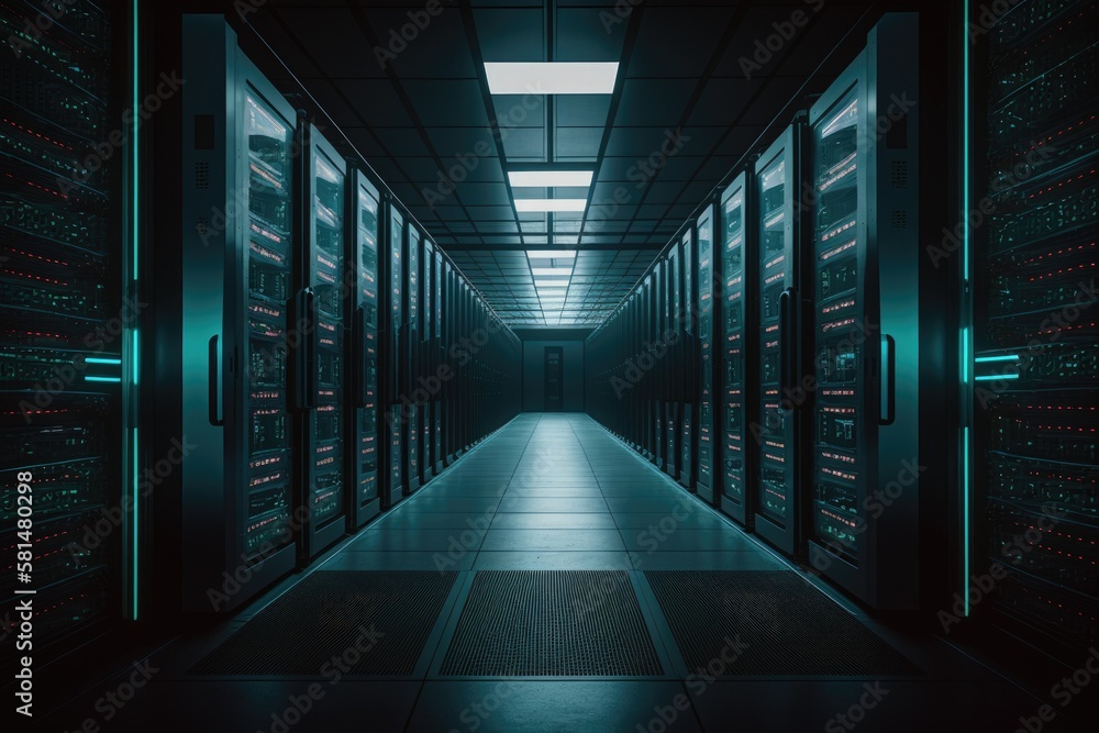 Poster image shows a large, active data center with a corridor containing a number of supercomputers and ra