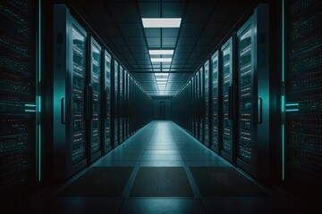 Image shows a large, active data center with a corridor containing a number of supercomputers and rack servers. Generative AI