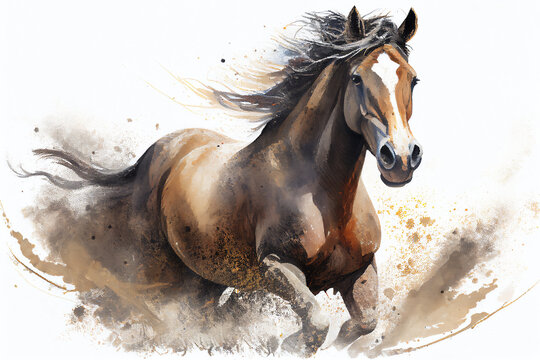 Watercolour abstract animal painting of an isolated brown horse running through dust and sand which could be used as a poster or flyer, computer Generative AI stock illustration image