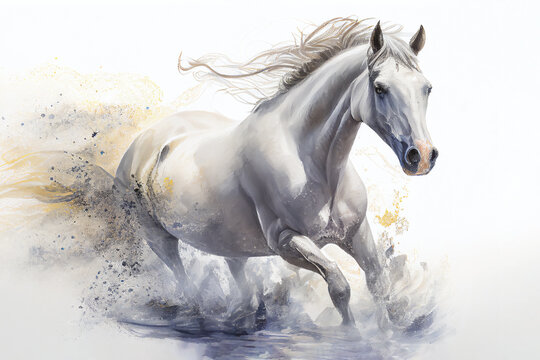 Watercolour abstract animal painting of an isolated white horse running through dust and sand which could be used as a poster or flyer, computer Generative AI stock illustration image