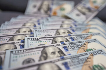 bills of 100 dollar american paper vintage money cash. View from above