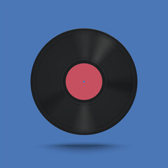 Obraz premium Vector realistic illustration of black vinyl with red label on blue background.