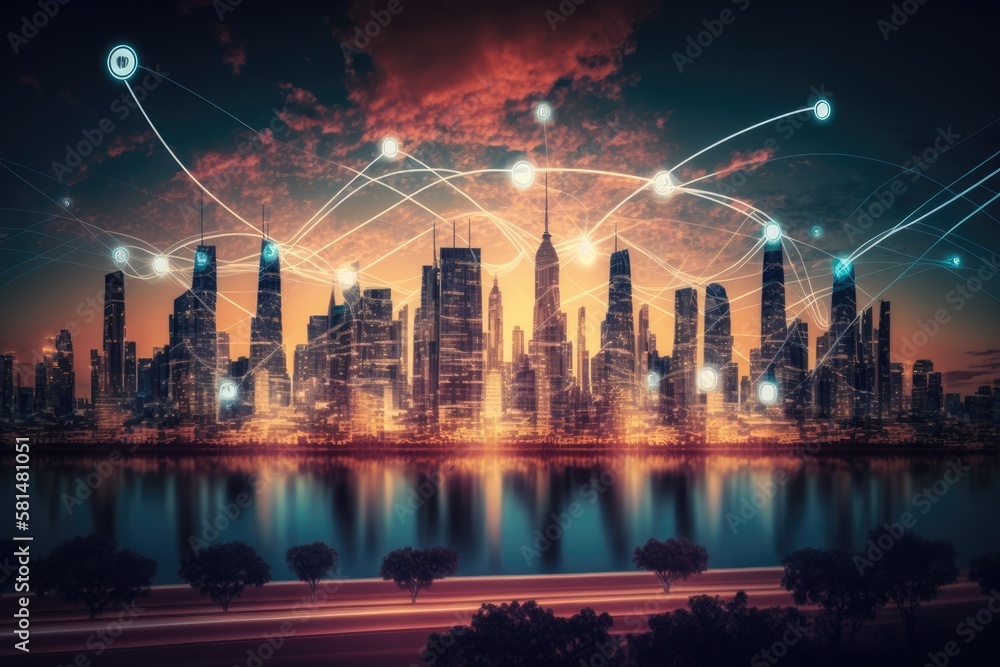 Canvas Prints Smart cities have connections to the internet and advanced communication systems. Future social media networking and 5G wireless connectivity concept. Generative AI