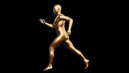 Beautiful young metallic gold man posing, isolated on black background. 3d illustration (rendering). Golden mannequin, android.