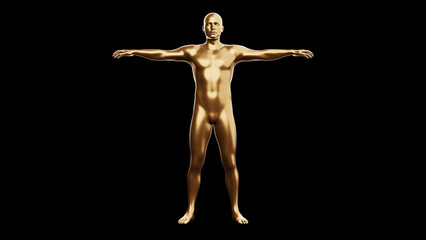 Beautiful young metallic gold man posing, isolated on black background. 3d illustration (rendering). Golden mannequin, android.