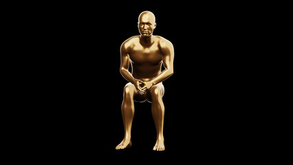 Beautiful young metallic gold man posing, isolated on black background. 3d illustration (rendering). Golden mannequin, android.