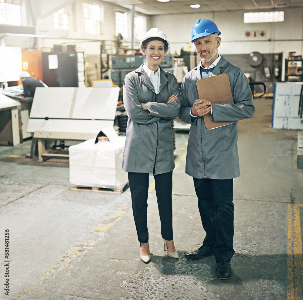 Poster theyre masters of coordinating logistics. portrait of two managers on workwear standing on the print
