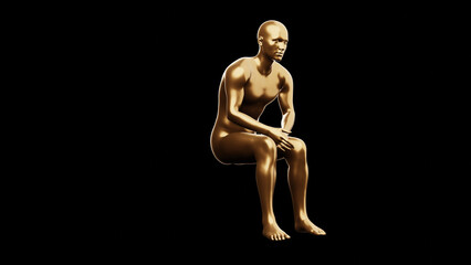 Beautiful young metallic gold man posing, isolated on black background. 3d illustration (rendering). Golden mannequin, android.