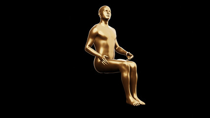 Beautiful young metallic gold man posing, isolated on black background. 3d illustration (rendering). Golden mannequin, android.