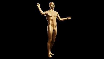 Beautiful young metallic gold man posing, isolated on black background. 3d illustration (rendering). Golden mannequin, android.
