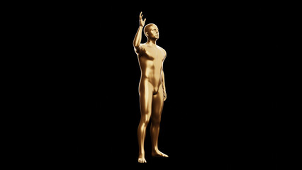 Beautiful young metallic gold man posing, isolated on black background. 3d illustration (rendering). Golden mannequin, android.