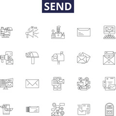 Send line vector icons and signs. Post, Express, Transmit, Launch, Despatch, Transship, Convey, Forward outline vector illustration set