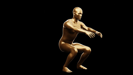 Fototapeta na wymiar Beautiful young metallic gold man posing, isolated on black background. 3d illustration (rendering). Golden mannequin, android.
